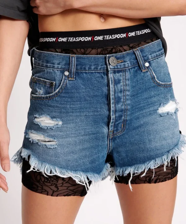 ONE TEASPOON Bay Blue Outlaws Mid Length Denim Shorts | Women Denim Shorts