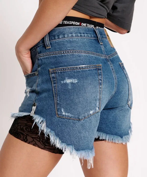 ONE TEASPOON Bay Blue Outlaws Mid Length Denim Shorts | Women Denim Shorts