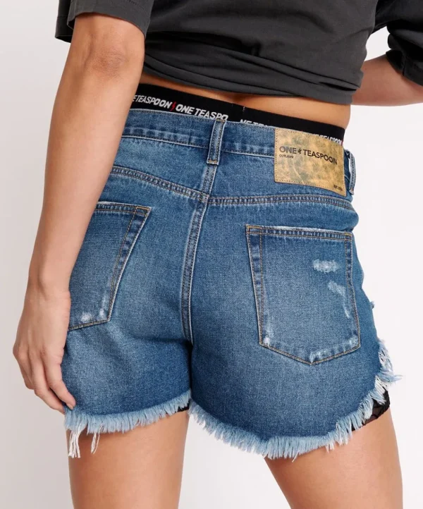 ONE TEASPOON Bay Blue Outlaws Mid Length Denim Shorts | Women Denim Shorts