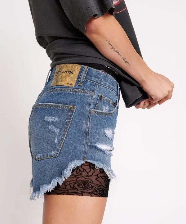 ONE TEASPOON Bay Blue Outlaws Mid Length Denim Shorts | Women Denim Shorts