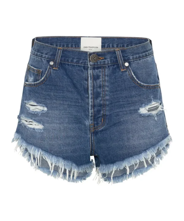 ONE TEASPOON Bay Blue Outlaws Mid Length Denim Shorts | Women Denim Shorts