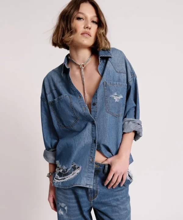 ONE TEASPOON Bay Blue Oversized Revolver Shirt | Women Shirts