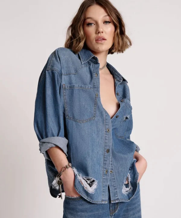 ONE TEASPOON Bay Blue Oversized Revolver Shirt | Women Shirts