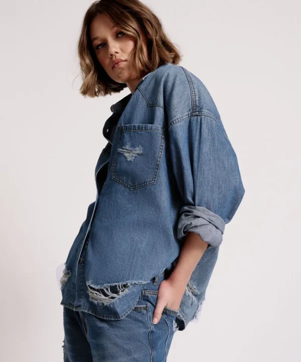 ONE TEASPOON Bay Blue Oversized Revolver Shirt | Women Shirts