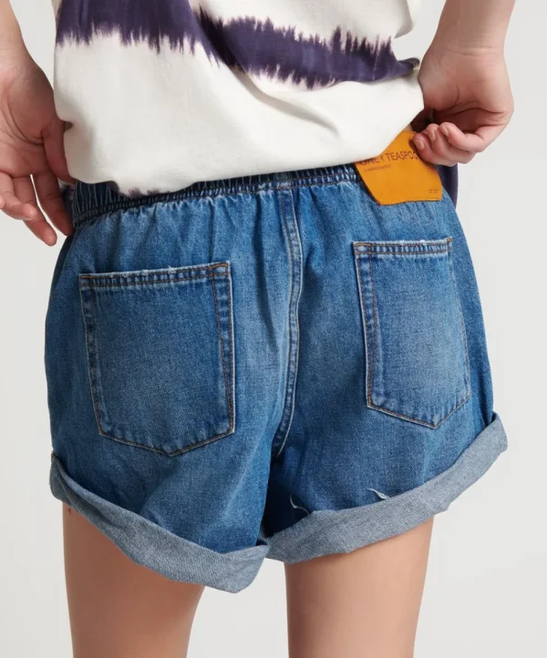 ONE TEASPOON Bay Blue Shabby Bandit Drawstring Boyfriend Shorts | Women Denim Shorts