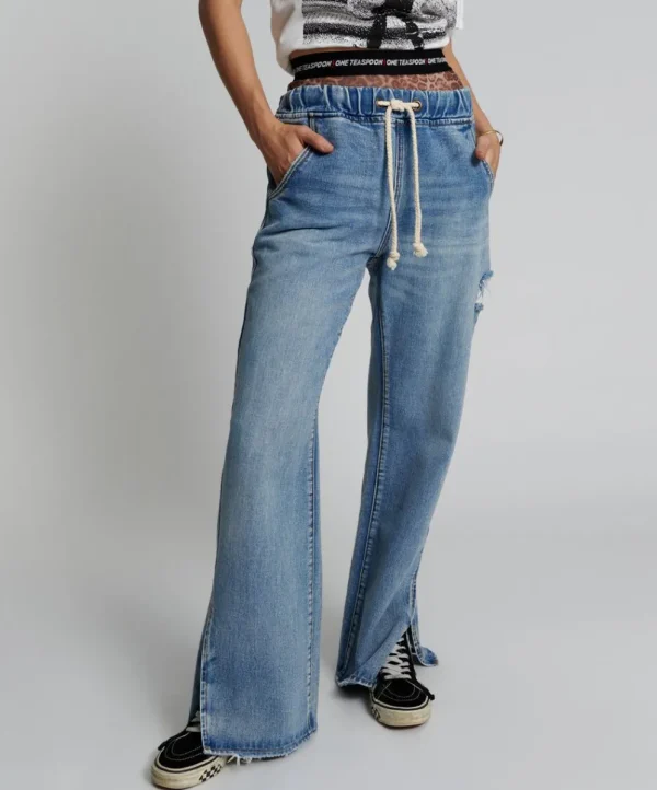 ONE TEASPOON Berlin Blue Roadhouse Wide Leg Drawstring Jeans | Women Denim Jeans