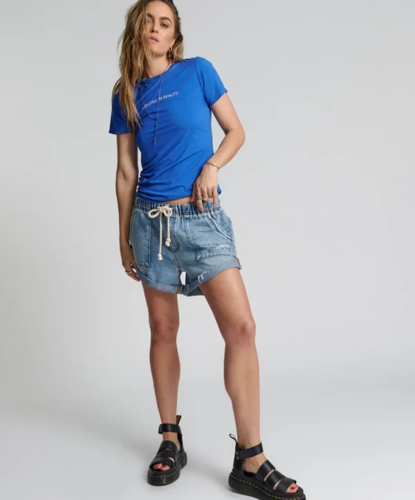 ONE TEASPOON Berlin Blue Shabby Bandit Drawstring Boyfriend Shorts | Women Denim Shorts