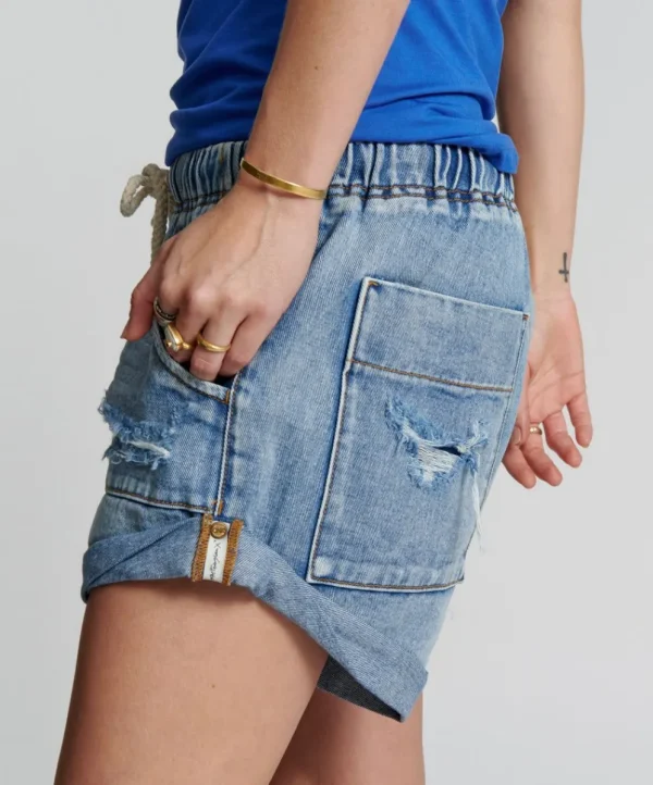 ONE TEASPOON Berlin Blue Shabby Bandit Drawstring Boyfriend Shorts | Women Denim Shorts