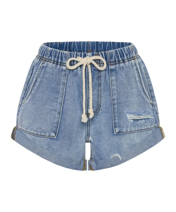 ONE TEASPOON Berlin Blue Shabby Bandit Drawstring Boyfriend Shorts | Women Denim Shorts