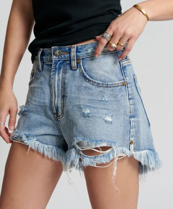 ONE TEASPOON Berlin Blue Truckers Mid Waist Relaxed Shorts | Women Denim Shorts