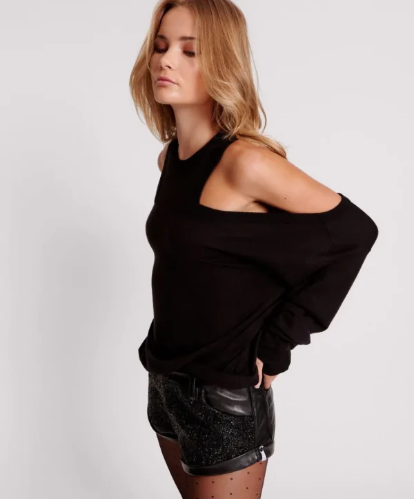 ONE TEASPOON Black Cold Shoulder Cut Out Slouch Long Sleeve Knit | Women Tops