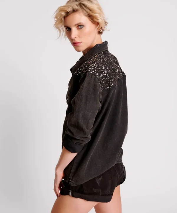 ONE TEASPOON Black Hand Embellished Denim Western Shirt | Women Shirts