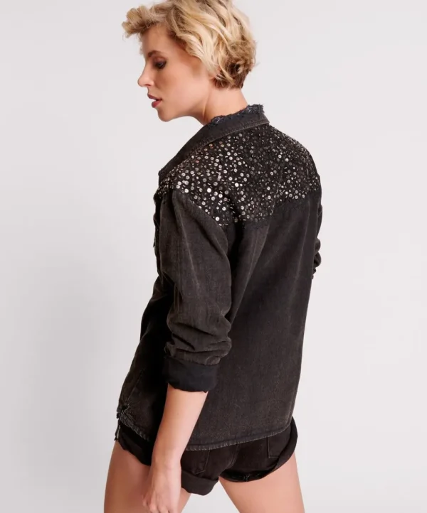 ONE TEASPOON Black Hand Embellished Denim Western Shirt | Women Shirts