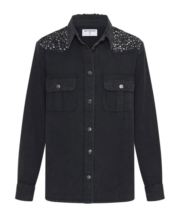 ONE TEASPOON Black Hand Embellished Denim Western Shirt | Women Shirts