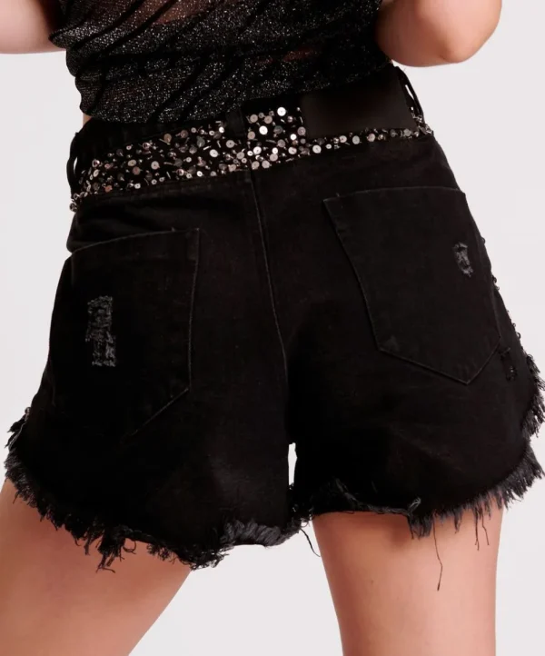 ONE TEASPOON Black Hand Embellished Le Wolves Denim Shorts | Women Denim Shorts