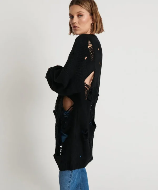 ONE TEASPOON Black Hercules Shredded Sweater | Women Knitwear