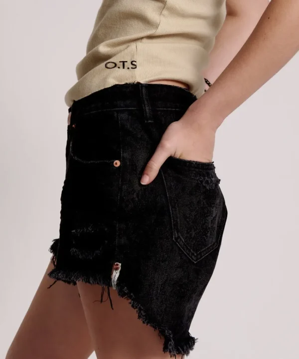 ONE TEASPOON Black Lace Le Wolves Mid Length Denim Shorts | Women Denim Shorts