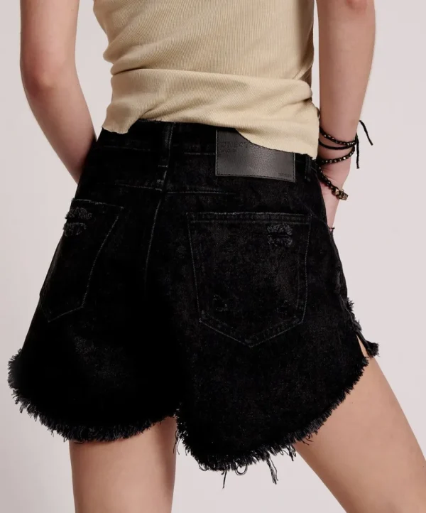 ONE TEASPOON Black Lace Le Wolves Mid Length Denim Shorts | Women Denim Shorts