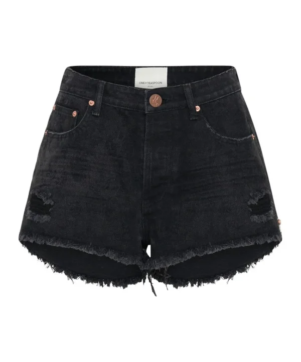 ONE TEASPOON Black Lace Le Wolves Mid Length Denim Shorts | Women Denim Shorts