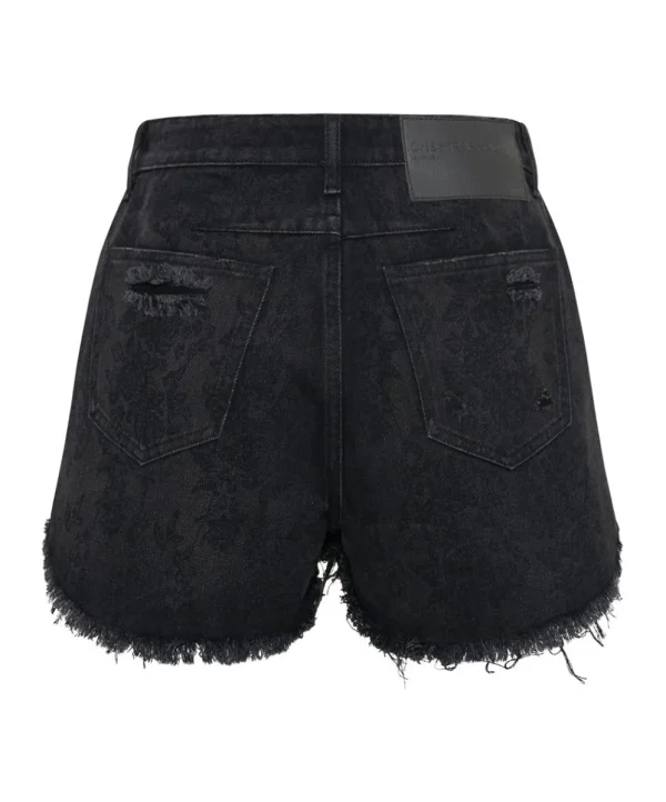 ONE TEASPOON Black Lace Le Wolves Mid Length Denim Shorts | Women Denim Shorts