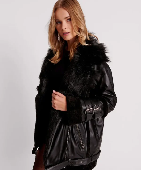 ONE TEASPOON Black Leather Faux Fur Aviator Jacket | Women Leather Jackets