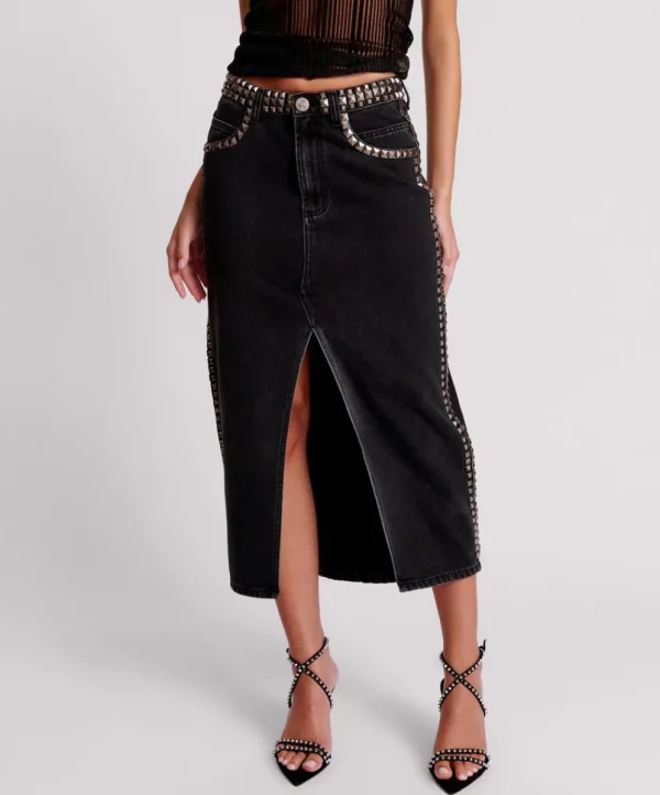 ONE TEASPOON Black Oak Studded Rocko Long Length Denim Skirt | Women Denim Skirts