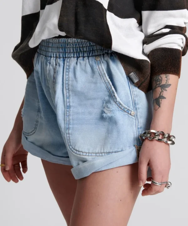 ONE TEASPOON Blue Latte Hunters Mid Length Relaxed Shorts | Women Denim Shorts