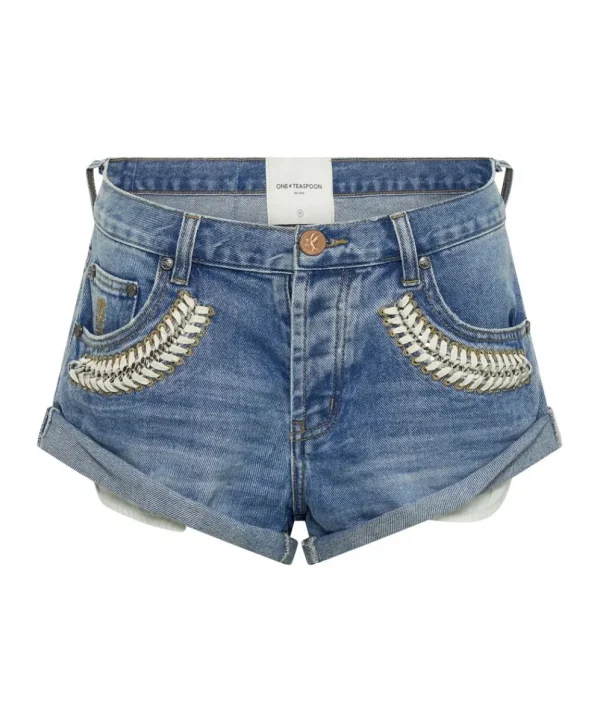 ONE TEASPOON Blue Rapture Chained Bandits Low Waist Denim Shorts | Women Denim Shorts