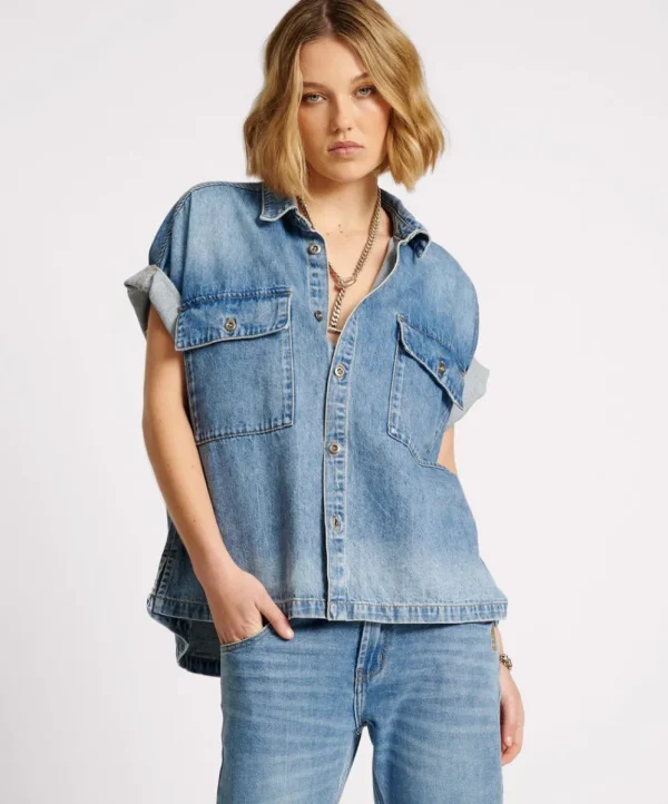 ONE TEASPOON Blue Rapture Cut Off Denim Shirt | Women Shirts