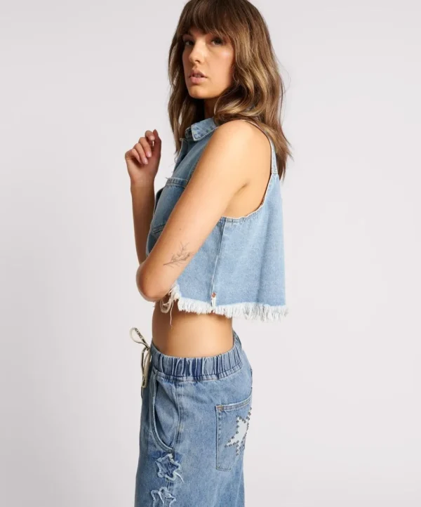 ONE TEASPOON Bolt Blue Cropped Braxton Top | Women Denim Tops