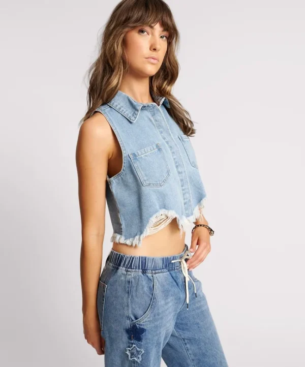 ONE TEASPOON Bolt Blue Cropped Braxton Top | Women Denim Tops