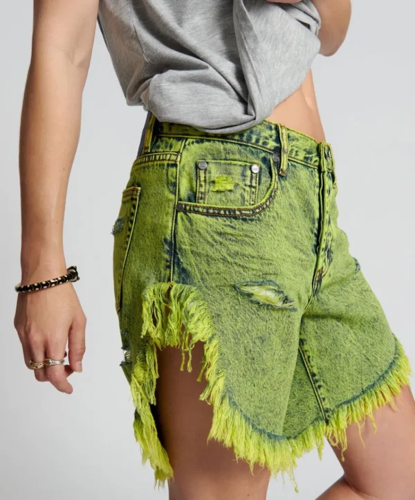 ONE TEASPOON Cyber Lime Frankies Long Length Boyfriend Shorts | Women Denim Shorts