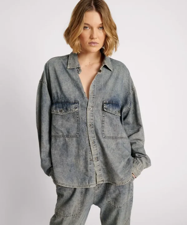 ONE TEASPOON Dirty Blue Oversized Denim Western Shirt | Women Shirts