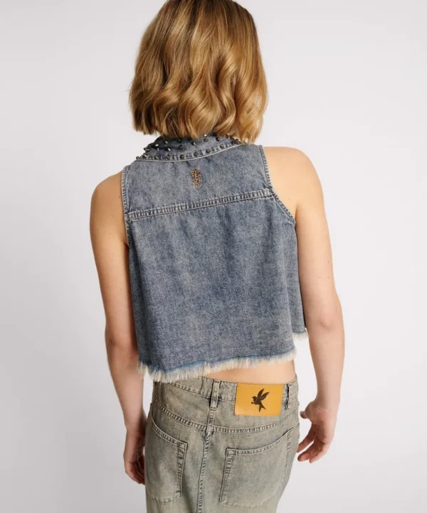 ONE TEASPOON Dirty Blue Studded Braxton Top | Women Denim Tops