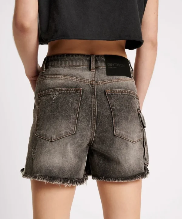 ONE TEASPOON Faded Black Cargo Legend Mom Fit Shorts | Women Denim Shorts