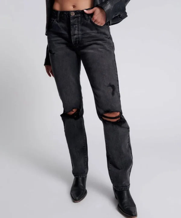 ONE TEASPOON Faded Black Messed Up Truckers Mid Rise Straight Leg Jeans | Women Denim Jeans