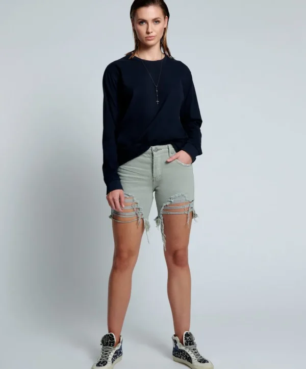 ONE TEASPOON Faded Khaki Stevies Long Length Boyfriend Shorts | Women Denim Shorts