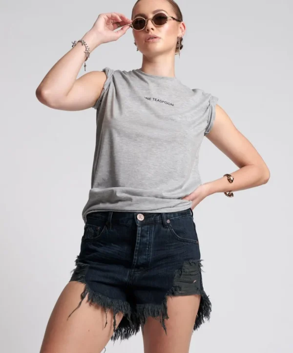 ONE TEASPOON Fox Black Outlaws Mid Length Denim Shorts | Women Denim Shorts