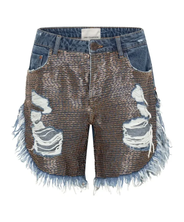 ONE TEASPOON Gold Mine Frankies Long Length Denim Shorts | Women Denim Shorts