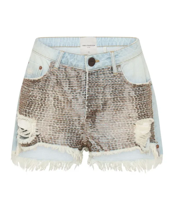 ONE TEASPOON Gold Mine Le Wolves Mid Length Denim Shorts | Women Denim Shorts