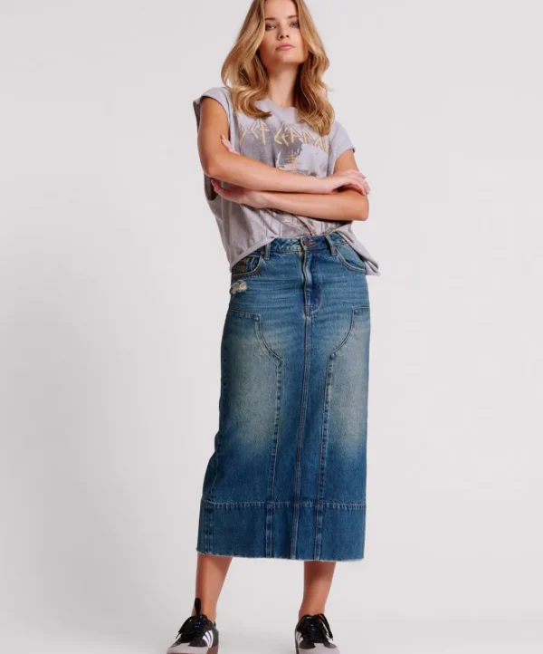 ONE TEASPOON Gritty Blue Cassidy Column Mid Length Denim Skirt | Women Denim Skirts