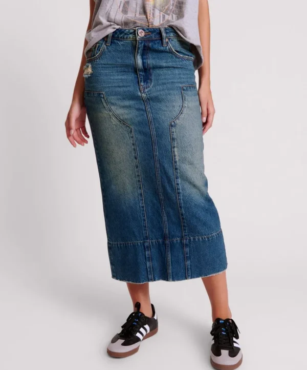 ONE TEASPOON Gritty Blue Cassidy Column Mid Length Denim Skirt | Women Denim Skirts