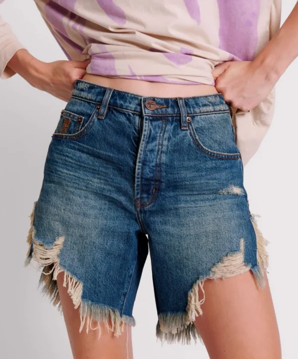 ONE TEASPOON Gritty Blue Frankies High Waist Long Length Shorts | Women Denim Shorts