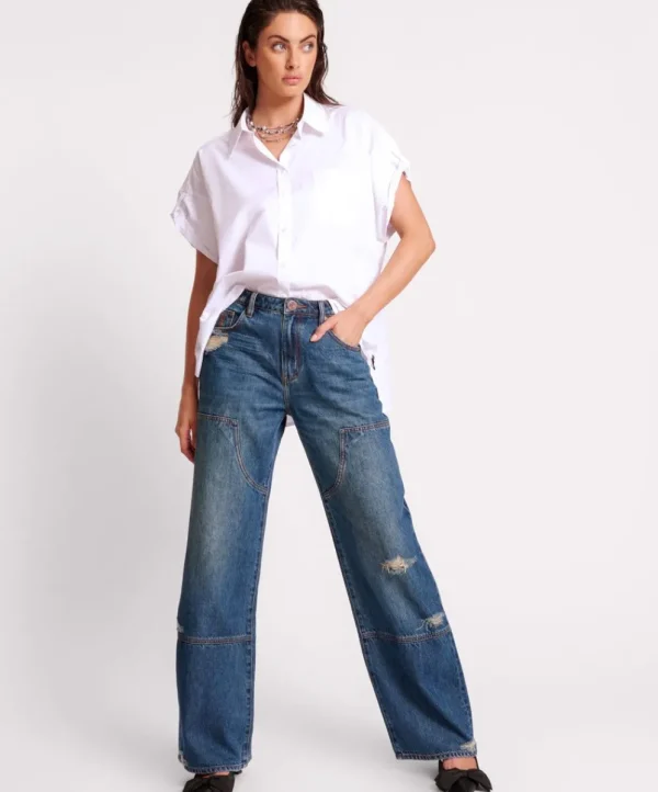 ONE TEASPOON Gritty Blue Jackson Utility Mid Waist Wide Leg Jeans | Women Denim Jeans