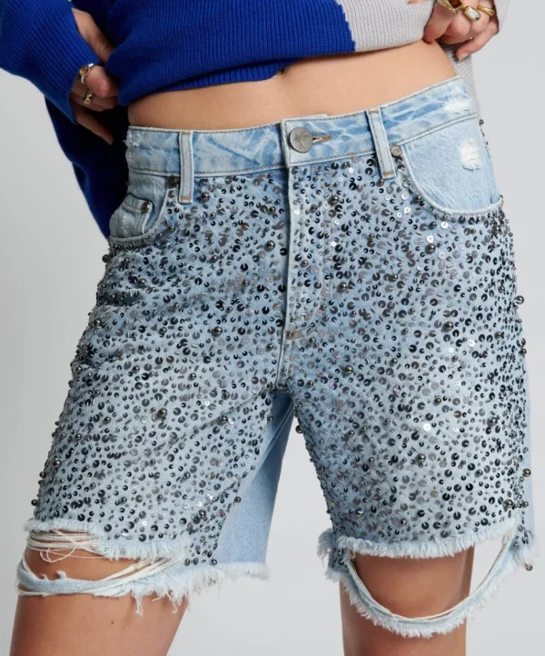 ONE TEASPOON Hand Beaded Jackson Mid Waist Wide Leg Shorts | Women Denim Shorts