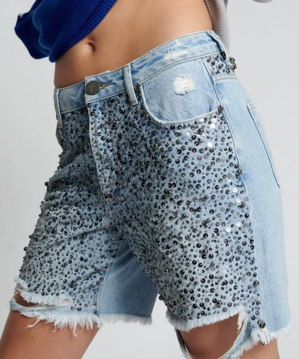 ONE TEASPOON Hand Beaded Jackson Mid Waist Wide Leg Shorts | Women Denim Shorts