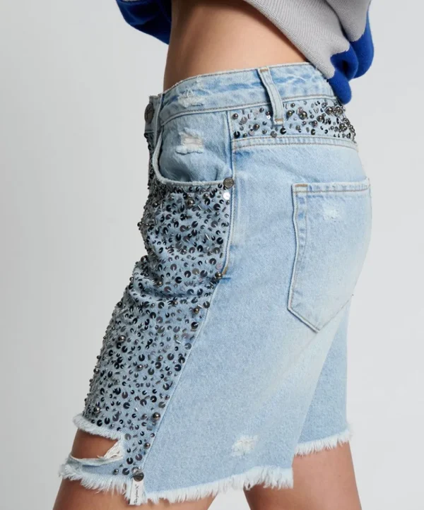 ONE TEASPOON Hand Beaded Jackson Mid Waist Wide Leg Shorts | Women Denim Shorts