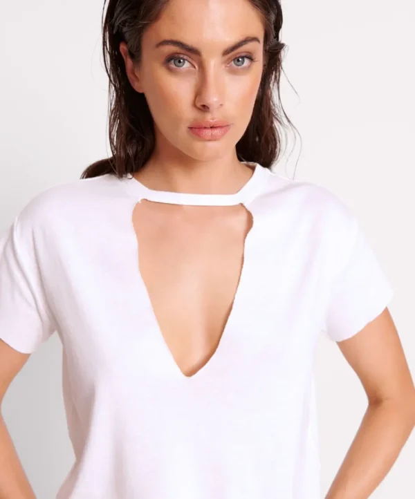 ONE TEASPOON Ivory Deep V Cut Out Tee | Women Basic Tees