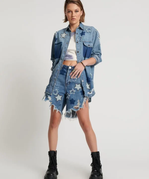 ONE TEASPOON Johnny Blue Star High Waist Frankies Long Length Denim Shorts | Women Denim Shorts