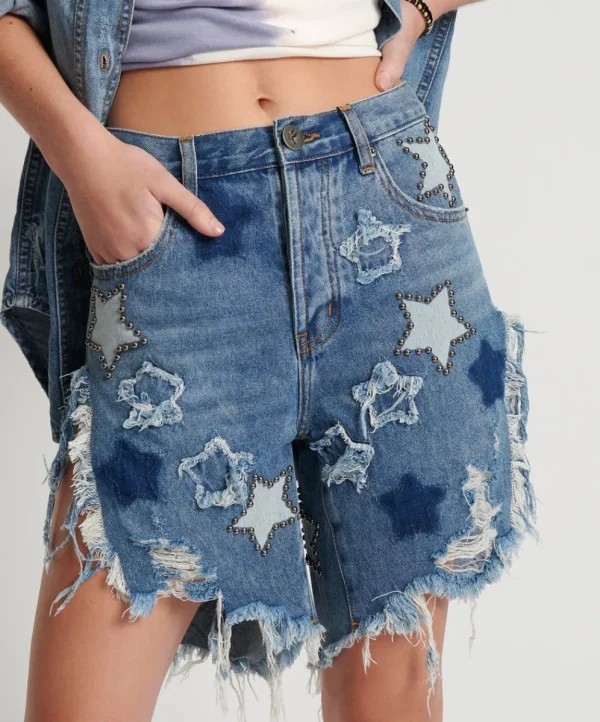 ONE TEASPOON Johnny Blue Star High Waist Frankies Long Length Denim Shorts | Women Denim Shorts